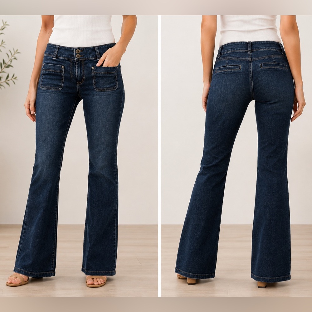 Y2K Contrast Bootcut Flare Jeans 11 Dark Wash Low Rise Stretch Patch Pockets